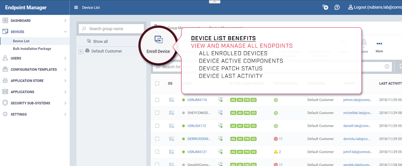 Comodo Dashboard - client management